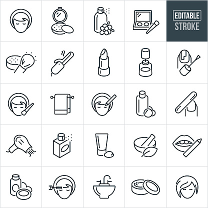 A set of cosmetics icons that include editable strokes or outlines using the EPS vector file. The icons include a woman applying makeup, blush, body spray, eyeliner, makeup brush, lipstick, nail polish, towel, eye pencil, shampoo, nail file, manicure, hairdryer, perfume, lotion, lip liner, facial cream, sink and other cosmetics.