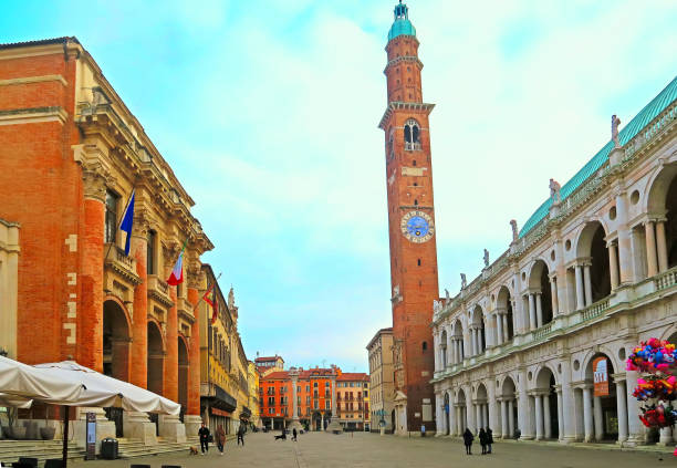 Vicenza,Italy,20 february 2022.Piazza dei Signori is the main square in the historic center of Vicenza. The square has a rectangular shape and along the main side stands the Basilica Palladiana and the Bissara tower