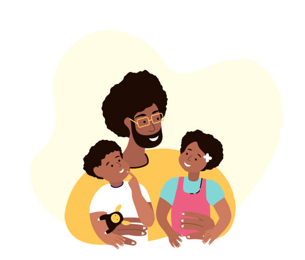 happy african smiling father, córka,son.young adult parent.baby girl,son sit on dad hands.man entertain with little child kids.caring papa.family relatives have fun together.flat vector illustration happy happy - handsman stock illustrations