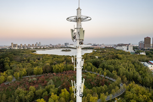 5G Cell Tower, Cellular communications tower for mobile phone and video data transmission.