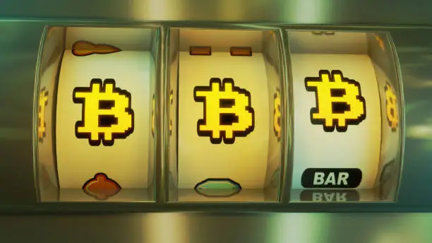 3D Render Bitcoin NFT Slot Machine Risky Gamble neon