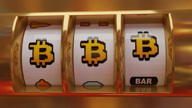 3D Render Bitcoin NFT Slot Machine Risky Gamble