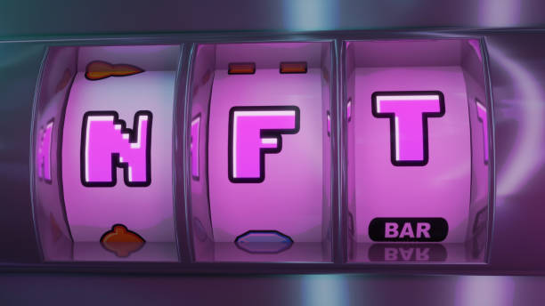 3D Render Bitcoin NFT Slot Machine Risky Gamble Neon Futuristic stock photo