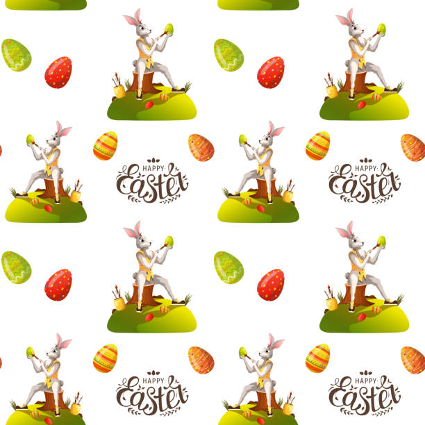 ilustrações de stock, clip art, desenhos animados e ícones de seamless pattern with easter bunny and colored eggs for easter. - easter traditional culture backgrounds basket