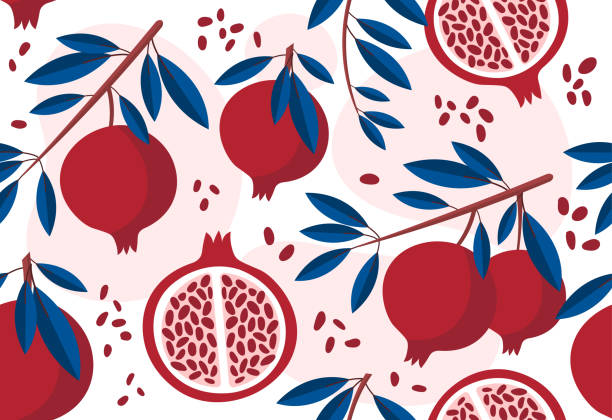 Pomegranate seamless pattern Pomegranate seamless pattern. Stylish design for printing on bed linen. Repeating image for gift wrapping. Branches and leaves, citrus fruits collection or set. Cartoon flat vector illustration pomegranate stock illustrations