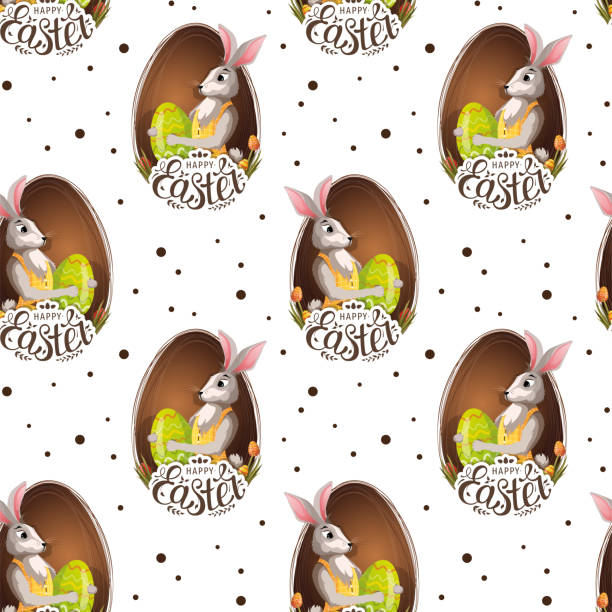 ilustrações de stock, clip art, desenhos animados e ícones de seamless pattern with easter bunny and colored eggs for easter. - easter traditional culture backgrounds basket