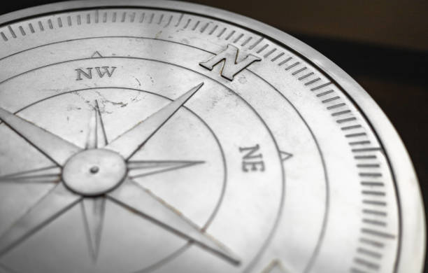 Brass metal antique compass showing north direction, depth of field. Steel old classic compass. Aviation theme, classic symbol of transportation guide. Navigation tool for travel and outdoor activity.