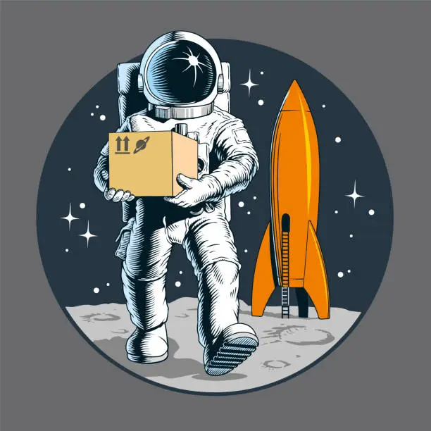 Vector illustration of Delivery service, astronaut holding package or cardboard box. Space colonization. Shipping cargo to space. Vector illustration.