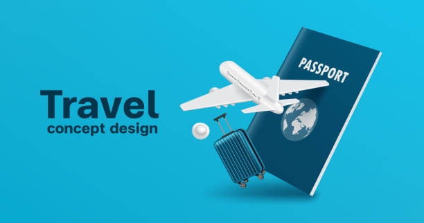 성수기 에는 항공 운송 미디어 및 관광을 위해 여권 앞에 떠있는 비행기와 수하물 - travel stock illustrations