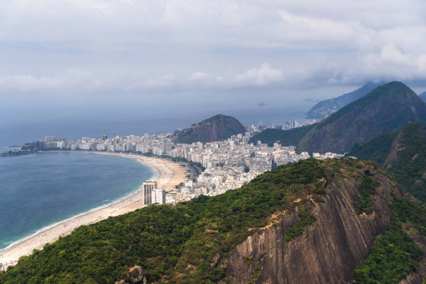 코파카바  나 해변의 공중 전경과 건물, 바다, 풍경. 전체 길이를 따라 거대한 언덕. 브라질 리우데자네이루시의 대명함 - flamengo 뉴스 사진 이미지
