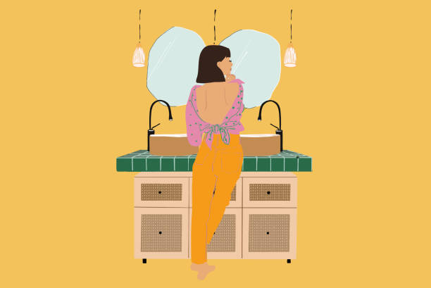 ilustrações de stock, clip art, desenhos animados e ícones de illustration of woman taking care of herself in the bathroom - woman in mirror backview