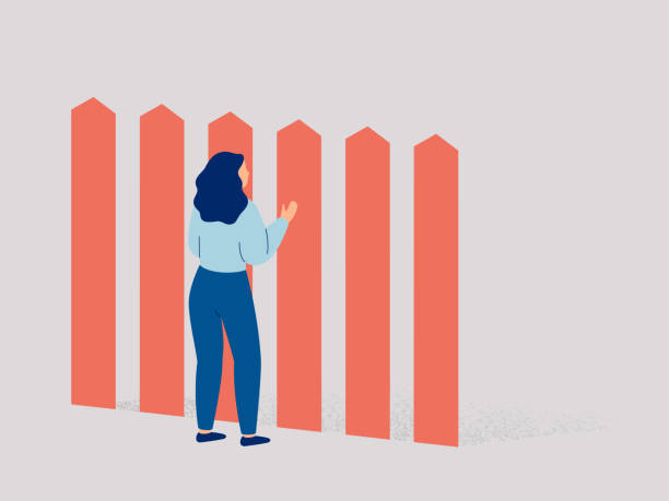 Woman stands in front of the high fence and looks at the other side through the gap. Girl faces an insurmountable obstacles on her life way. Woman stands in front of the high fence and looks at the other side through the gap. Girl faces an insurmountable obstacles on her life way. Restrictions on human rights in society. Vector hurdle stock illustrations