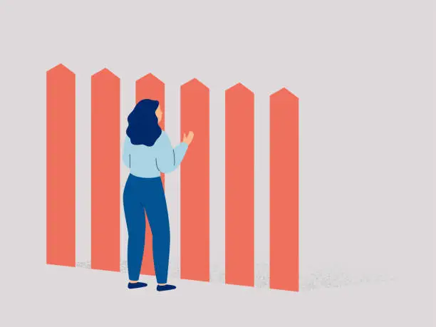 Vector illustration of Woman stands in front of the high fence and looks at the other side through the gap. Girl faces an insurmountable obstacles on her life way.