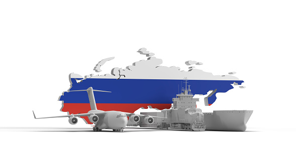 Russia Economy Sanctions Concept: Global political conflict on import export restriction on goods. EU, USA Embargo, interdiction oil and gas trading. Tanker ship, cargo airplane and train. Russian Federation map in illustration flag colors white, blue and red in 3D background with copy space.