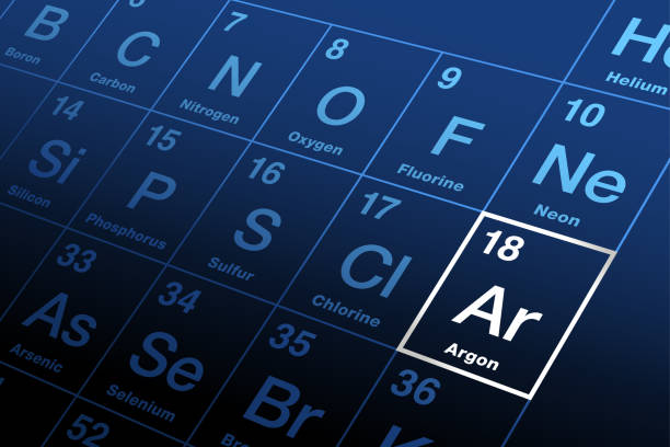 Argon on periodic table of the elements, with element symbol Ar Argon on periodic table of elements. Noble gas, with symbol Ar and atomic number 18, used as inert shielding gas, in incandescent, fluorescent lighting, and gas-discharge tubes with lilac-violet glow. argon stock illustrations