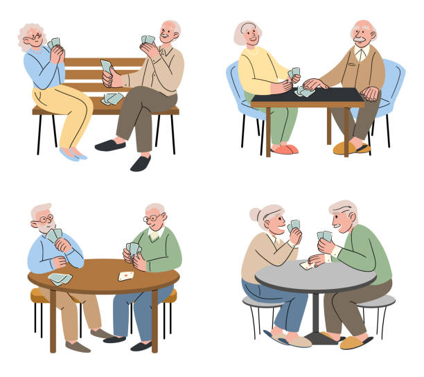 노인들이 카드를 연주합니다. - senior adult grandmother grandfather cards stock illustrations