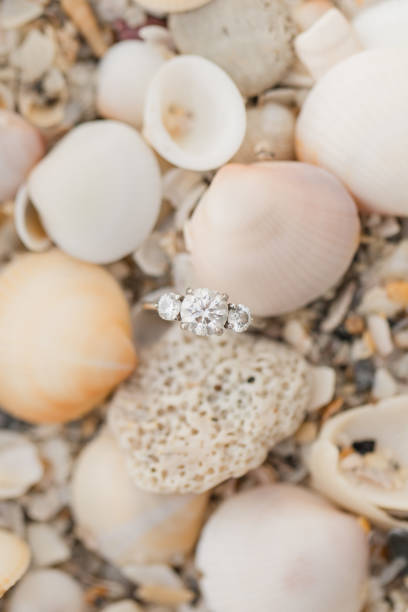 istock Diamond Engagement Ring Surround by Seashells in Bright Natural Light 1385163643