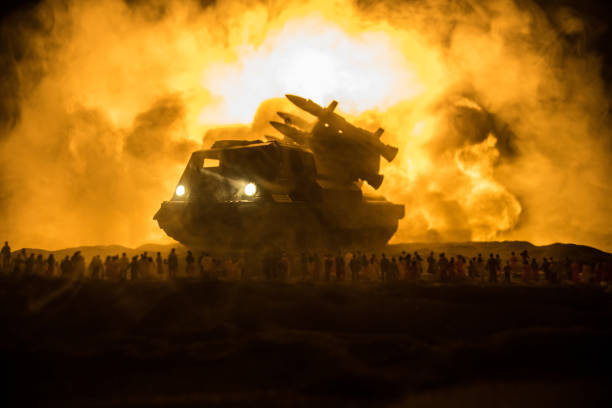istock Creative artwork decoration war on Ukraine. Crowd looking on giant explosion and attacking soldiers. 1385163716