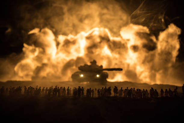 Creative artwork decoration war on Ukraine. Crowd looking on giant explosion and attacking soldiers. stock photo