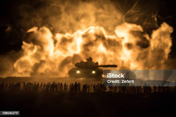 Creative Artwork Decoration War On Ukraine Crowd Looking On Giant Explosion And Attacking Soldiers Stock Photo - Download Image Now