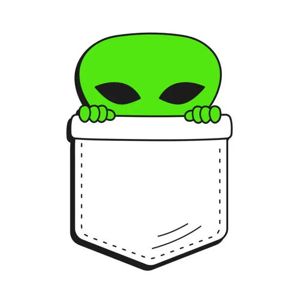 Vector illustration of Cute funny alien hide in pocket t-shirt print.Vector cartoon doodle line style character logo illustration design.Isolated on white background. Funny alien print for pocket t-shirt,clothing concept