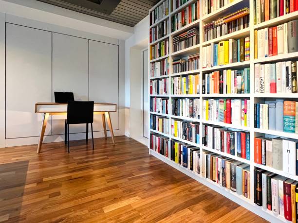 Interior view of a library with rustic style and wooden elements and furniture