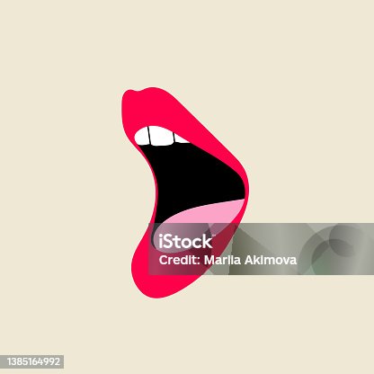 istock Classic nostalgic 80s-90s element in modern style flat, line style. Hand drawn vector illustration of lips, open mouth, whispering, breathing, singing, talking, podcast. Fashion patch, badge, emblem. 1385164992