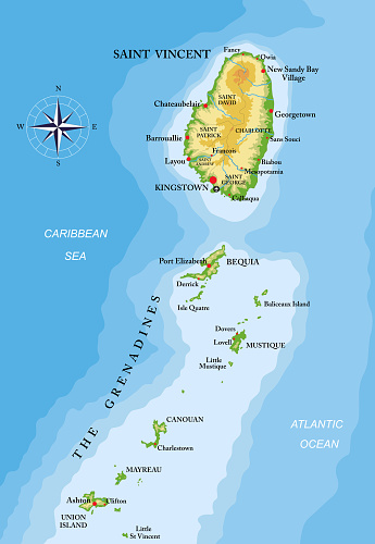 Highly detailed physical map of St. Vincent and the Grenadines islands, in vector format, with all the relief forms, regions and big cities.