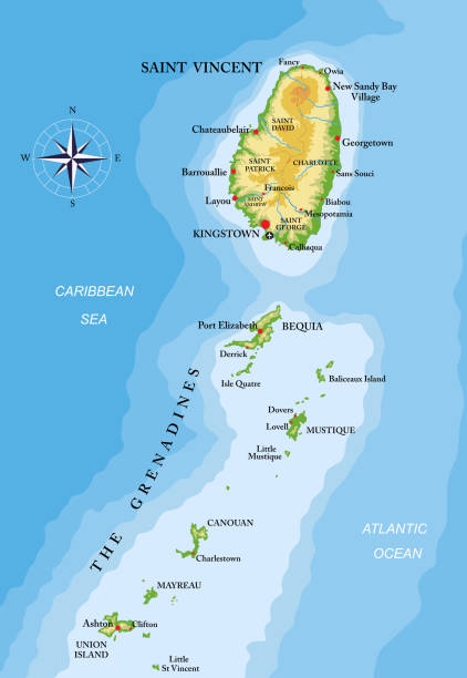 St. Vincent and the Grenadines islands highly detailed physical map Highly detailed physical map of St. Vincent and the Grenadines islands, in vector format, with all the relief forms, regions and big cities. saint vincent and the grenadines stock illustrations