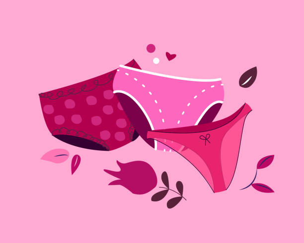 stockillustraties, clipart, cartoons en iconen met flat vector cartoon set of stylish female pink panties in various shapes and colors, isolated on a white background.fashion women's underpants for beautiful and happy menstruation. - damesonderbroek