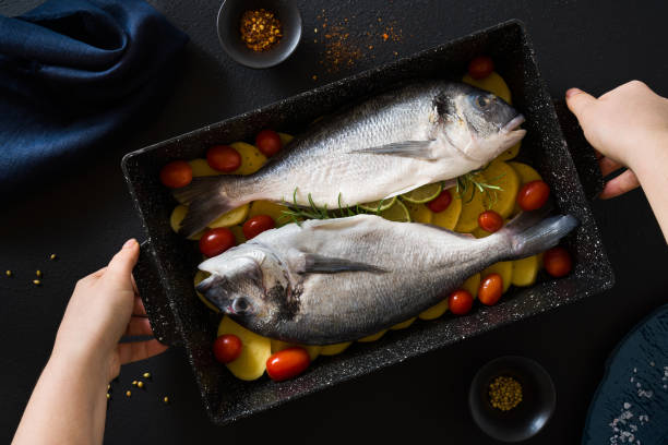 istock Fish in a baking sheet with potatoes and tomatoes, ready to bake 1385165687