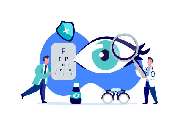 Vector illustration of Doctors Ophthalmologist, Oculists Examine, Diagnose Eye Vision Acuity. Farsightedness,Color Blindness,Glaucoma, Corneal Dystrophy Treatment.Research Clinical Investigation.Medical Council Illustration