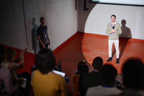 istock Young successful speaker talks about innovation in sustainability 1385168467