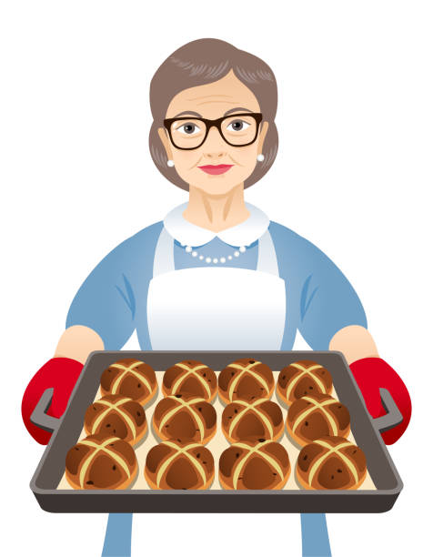 ilustrações, clipart, desenhos animados e ícones de vovó segurando uma bandeja com pães de cruz quente - personal accessory apron bakery cake