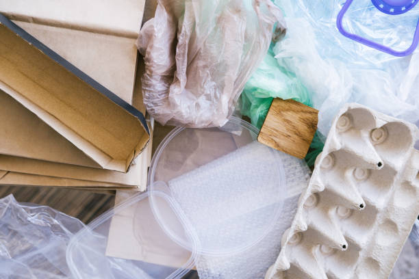 istock Different types of waste for recycling, top view. 1385170518