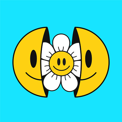 Two half of smile face with chamomile flowe inside.Vector cartoon character illustration.Isolated on white background. Smile emoji face,chamomile flower,positive print for t-shirt,poster concept