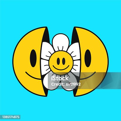 istock Two half of smile face with chamomile flowe inside.Vector cartoon character illustration.Isolated on white background. Smile emoji face,chamomile flower,positive print for t-shirt,poster concept 1385174875