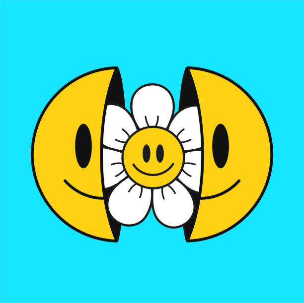 Two half of smile face with chamomile flowe inside.Vector cartoon character illustration.Isolated on white background. Smile emoji face,chamomile flower,positive print for t-shirt,poster concept Two half of smile face with chamomile flowe inside.Vector cartoon character illustration.Isolated on white background. Smile emoji face,chamomile flower,positive print for t-shirt,poster concept half full illustrations stock illustrations