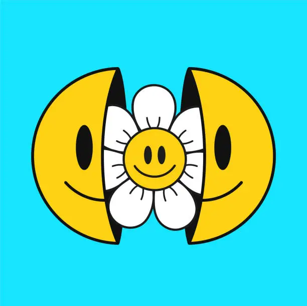 Vector illustration of Two half of smile face with chamomile flowe inside.Vector cartoon character illustration.Isolated on white background. Smile emoji face,chamomile flower,positive print for t-shirt,poster concept