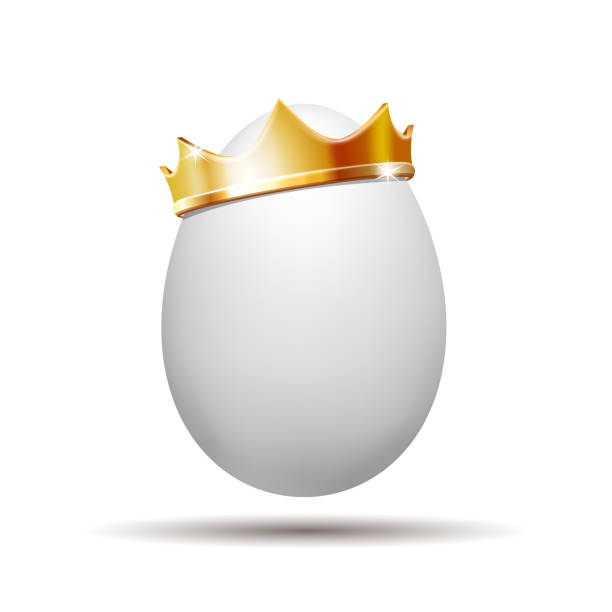 istock White Realistic egg with golden crown for design flyer, corporate template, brochure. 1385178002