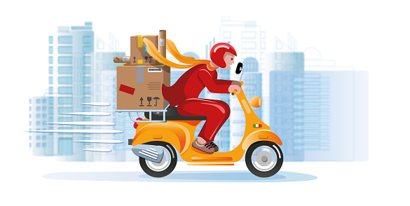 Flat design illustration of delivery person on a  scooter carrying a large delivery of postal parcel in modern city