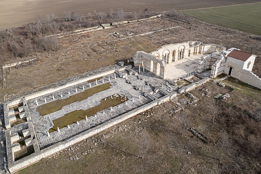 Aerial view of The Great Basilica, Pliska, Bulgaria. Largest Christian cathedral in medieval Europe. The first Bulgarian capital.