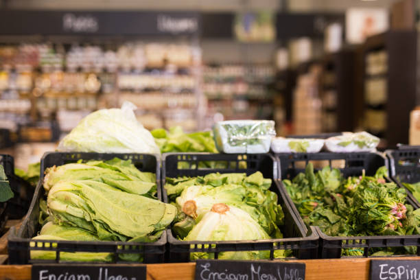 Showcase with fresh organic vegetables in shop