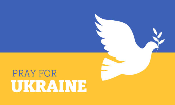 Pray for Ukraine banner Pray for Ukraine background. White dove with an olive branch on Ukraine flag background. Vector flat illustration. dove stock illustrations