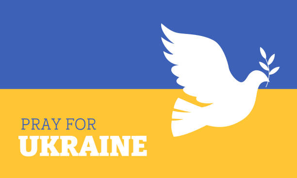 Pray for Ukraine banner Pray for Ukraine background. White dove with an olive branch on Ukraine flag background. Vector flat illustration. optimism background stock illustrations
