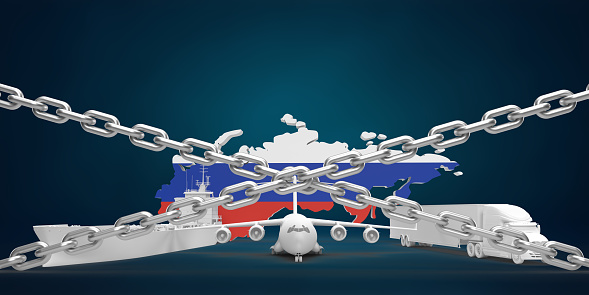 Russia Economy Sanctions Concept: Global political conflict on import export restriction on goods. EU, USA Embargo, interdiction oil and gas trading. Tanker ship, cargo airplane and truck. Russian Federation map in illustration flag colors white, blue and red in 3D background with copy space.
