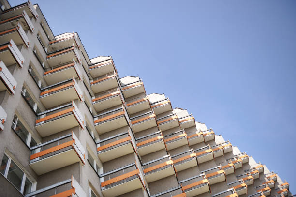 istock An old apartment building with diagonal balconies. 1385188447