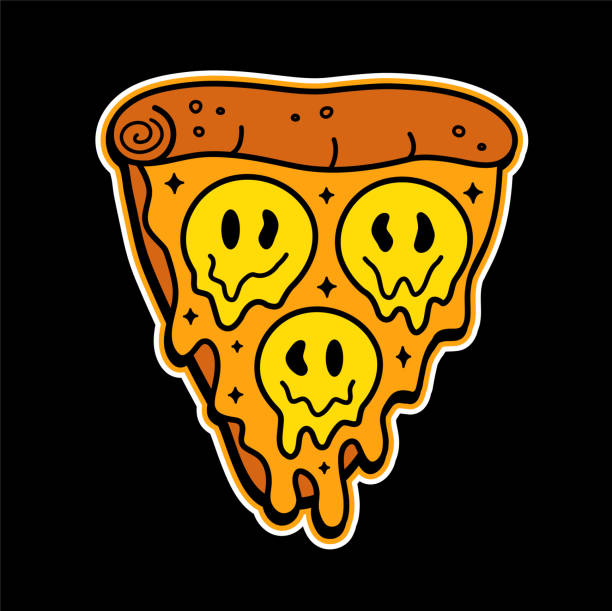 ilustraciones, imágenes clip art, dibujos animados e iconos de stock de rebanada de pizza con estampado de camiseta de cara de sonrisa derretida. ilustración de personajes de dibujos animados de línea de garabatos vectoriales. pizza, cara de sonrisa trippy, impresión ácida en el póster, camiseta, concepto de logotipo - lsd