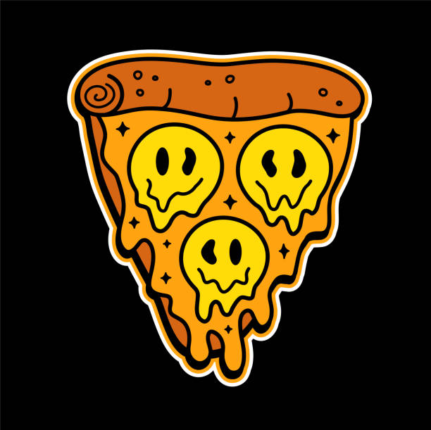Pizza slice with melt smile face t-shirt print. Vector doodle line cartoon character illustration.Pizza,trippy smile face,acid print on poster, t-shirt,logo concept Pizza slice with melt smile face t-shirt print. Vector doodle line cartoon character illustration.Pizza,trippy smile face,acid print on poster, t-shirt,logo concept acid stock illustrations