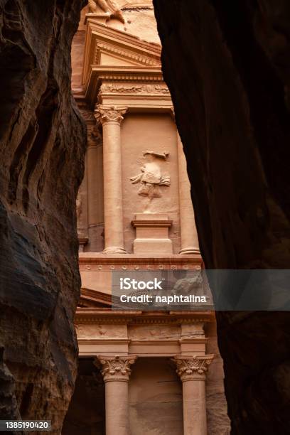 Alkhazneh Is One Of The Most Elaborate Temples In The Ancient Arab Nabatean Kingdom City Of Petra This Structure Was Carved Out Of A Sandstone Rock Face Facade Seen From The Canyon Stock Photo - Download Image Now